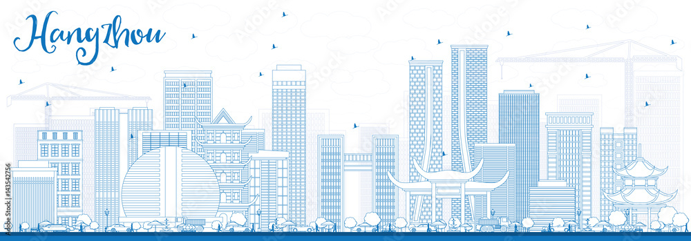 Outline Hangzhou Skyline with Blue Buildings.