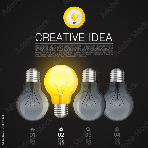 Creative idea, Idea lamp, Light Black background, Vector infographic illustration
