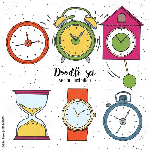 Set of doodle sketch watches. Alarm clocks, sand glasses, stop-watch and timer. Time icon in cartoon style. Vector illustration.