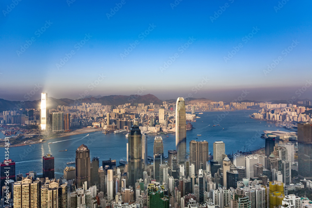 The International Finance Centre with city skyline in Victoria, Hong Kong