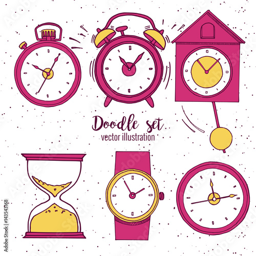 Set of doodle sketch watches. Alarm clocks, sand glasses, stop-watch and timer. Time icon in cartoon style. Vector illustration.