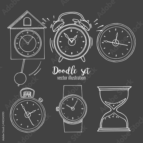 Set of doodle sketch watches on blackboard. Alarm clocks, sand glasses, stop-watch and timer. Time icon in Hand-drawn style. Vector illustration.
