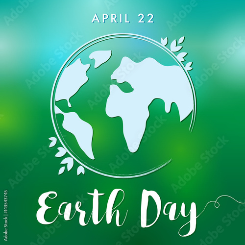 Happy Earth Day lettering globe banner. Vector illustration with the planets, leaves and words Earth Day card background. Save the earth and Green day concept