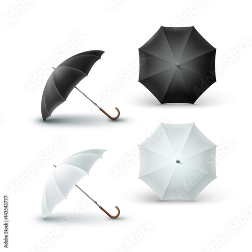 Vector Set of White Black Blank Classic Opened Round Rain Umbrella Parasol Sunshade Top Front Side View Mock up Close up Isolated on White Background