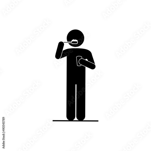 black silhouette pictogram person brushing his teeth vector illustration