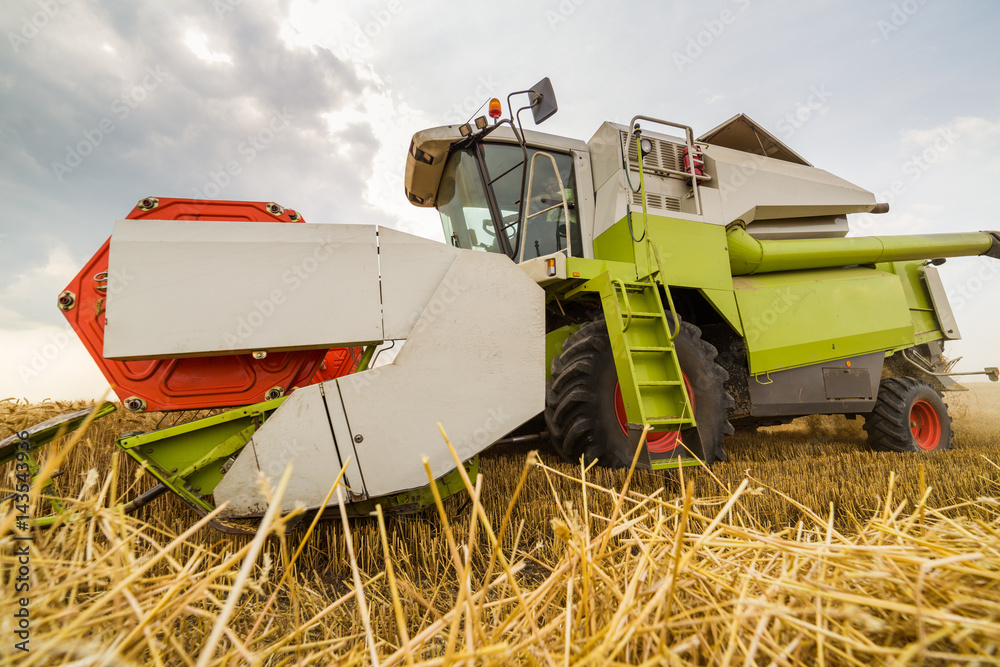 Combine harvester in action on wheat field. Harvesting is the process of gathering a ripe crop from the fields. Combine harvester in action on wheat field. Harvesting is the process of gathering a ripe crop from the fields.