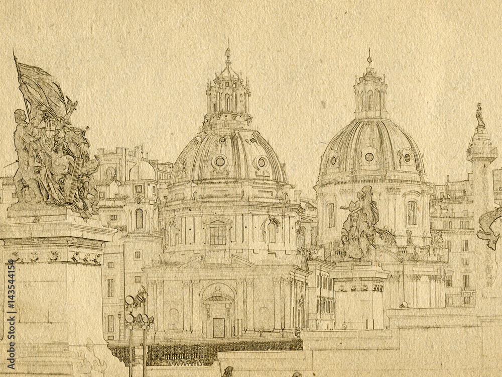 Grunge background with paper texture and landmarks of Rome - two domes of the Church of Santa Maria di Loreto and Colonne trojan. Italy. Sketch style.