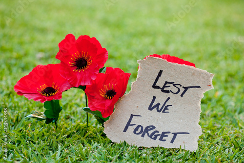 Lest We Forget - Anzac - Rememberance - poppys with written message
 photo