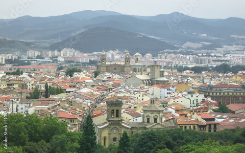 Panoramic view of Pamplona on the background of mountains. Navarre  Spain.