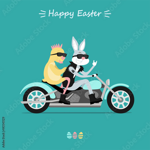 Easter Bunny hipster and Easter chick rocker riding on motorcycle. Inscription Happy Easter. Vector illustration