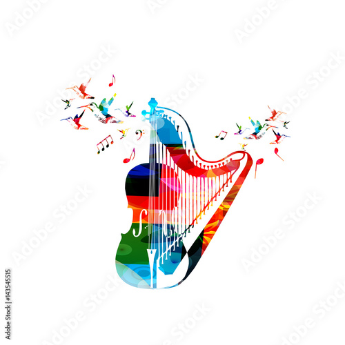 Colorful violoncello with harp and hummingbirds isolated vector illustration. Music instrument background for poster, brochure, banner, flyer, concert, music festival