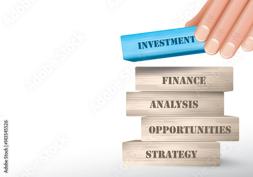 Investment as wooden blocks tower and hand putting one piece on top