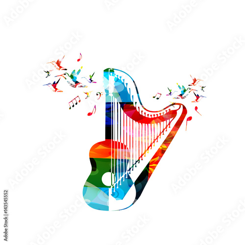 Colorful guitar with harp and hummingbirds isolated vector illustration. Music instrument background for poster, brochure, banner, flyer, concert, music festival
