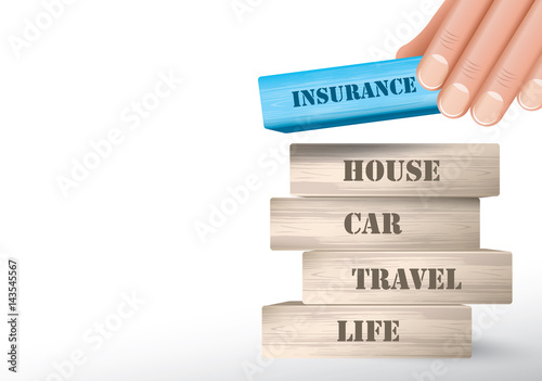 Insurance as wooden blocks tower and hand putting one piece on top