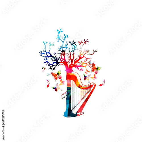 Colorful harp with treetop and music notes isolated vector illustration. Music instrument background for poster, brochure, banner, flyer, concert, music festival