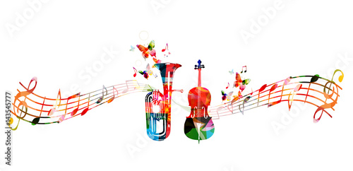 Colorful euphonium and violoncello with music notes and butterflies isolated vector illustration. Music instrument background for poster, brochure, banner, flyer, concert, music festival 