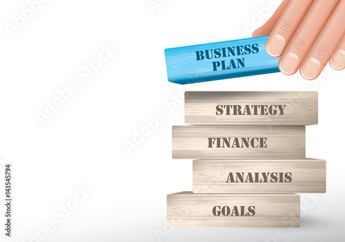 Business plan as wooden blocks tower and hand putting one piece on top