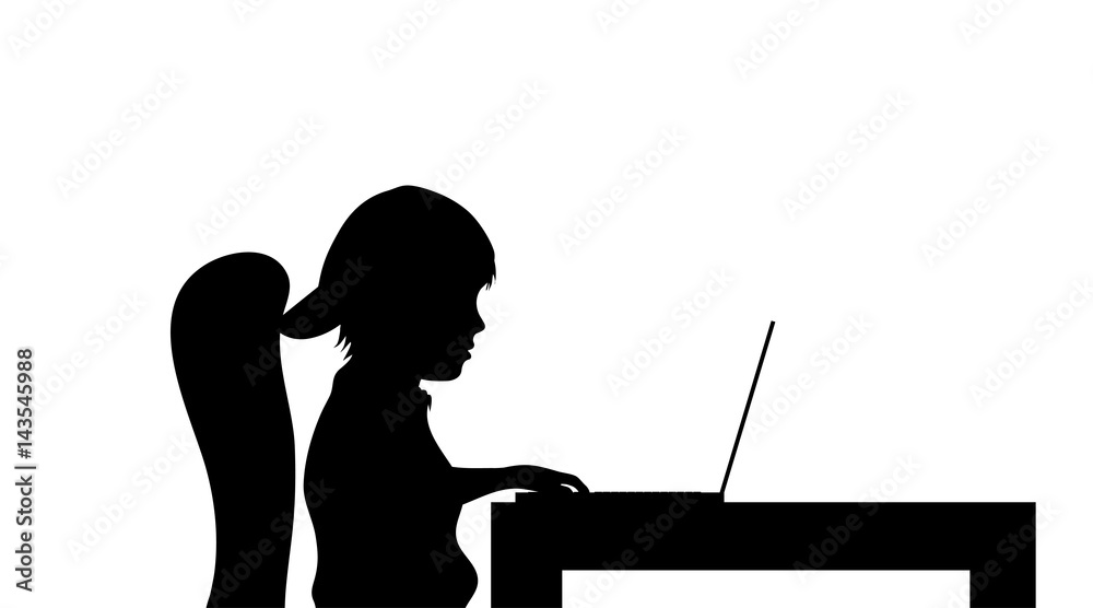 Vector silhouette of child work on computer.