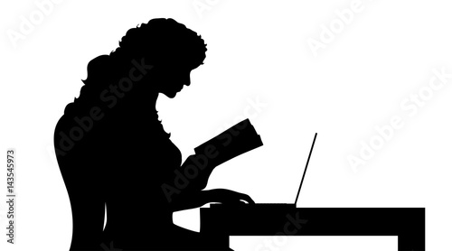 Vector silhouette of woman work on computer.