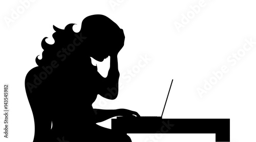 Vector silhouette of woman work on computer.