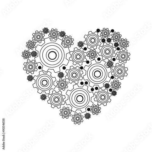 silhouette heart shape with pinions and gears set collection vector illustration