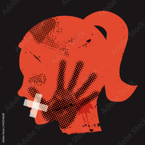 Violence against women.
Young woman grunge silhouette with hand print on the face and with taped mouth. Vector available.
