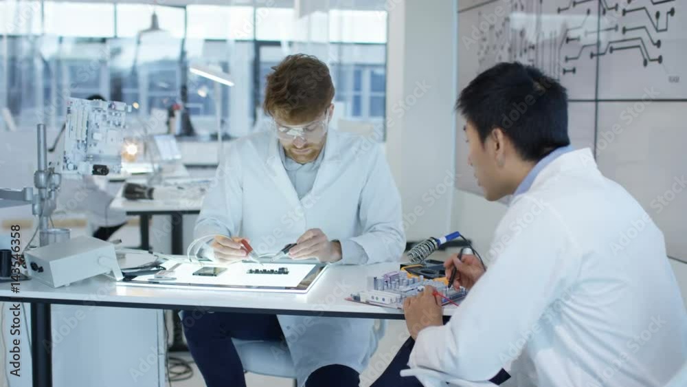 Electronics engineers working in lab building & testing electronic devices Electronics engineers working in lab building & testing electronic devices