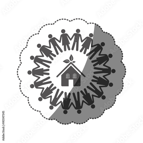 sticker monochrome silhouette teamwork human people with ecological house vector illustration