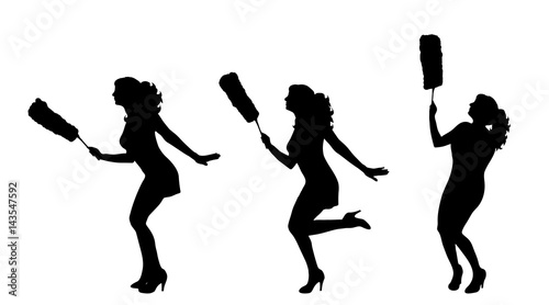 Vectro silhouette of woman who cleans on white background.