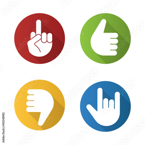 Hand gestures flat design long shadow icons set