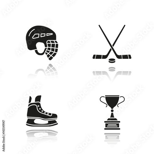 Hockey equipment drop shadow black icons set
