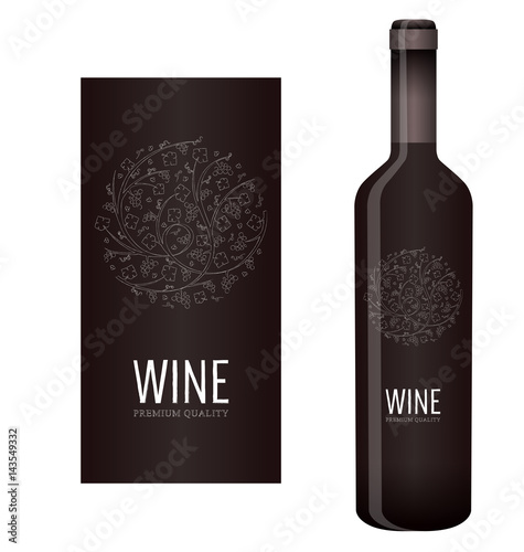 Vector wine label with chalk floral ornament of grape bunches and grape leaves