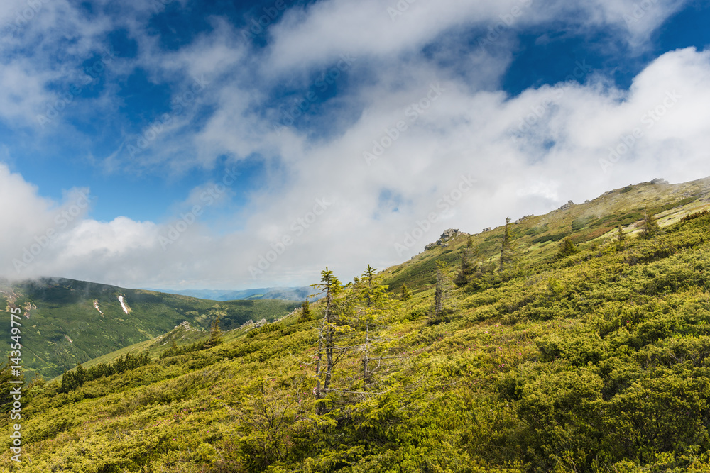 View at a mountain range with fast moving clouds over a mountain valley. Mountain landscape of summer mountains with fresh green plants and blue sky