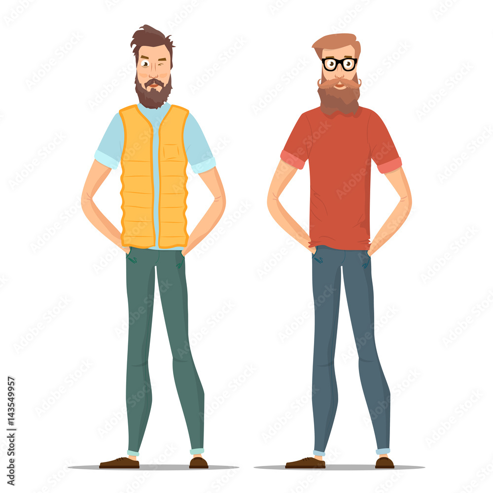 Funny bearded hipsters isolated on white. Character young people in different casual clothes. Vector illustration with male set