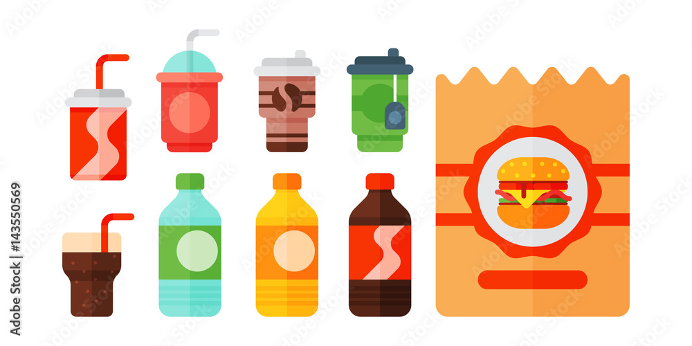 Set of cartoon food non alcoholic beverages tea herbal tea hot chocolate latte mate coffee smoothie, juice milk shake lemonade vector illustration.