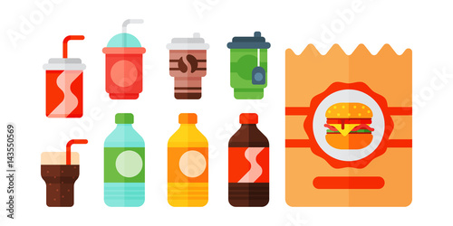 Set of cartoon food non alcoholic beverages tea herbal tea hot chocolate latte mate coffee smoothie, juice milk shake lemonade vector illustration.