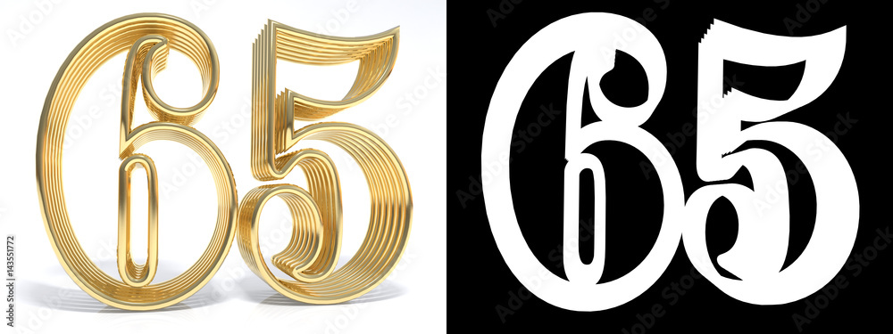 Golden number sixty five on white background with drop shadow and alpha channel. 3D illustration Golden number sixty five on white background with drop shadow and alpha channel. 3D illustration