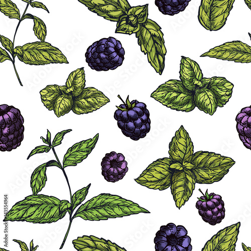 Seamless pattern with mint leaves and blackberries