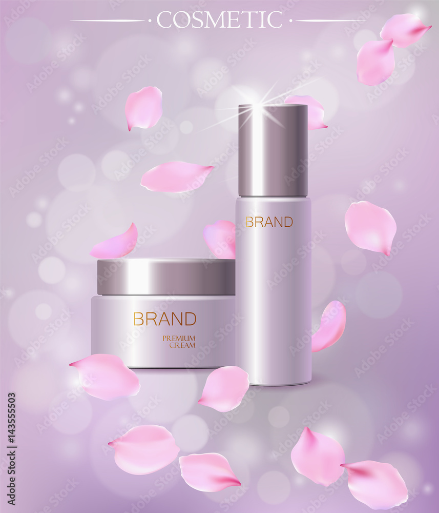 Elegant cherry blossom cosmetic ads, top view of two exquisite bottles with sakura branches isolated on ripples background in 3d Elegant cherry blossom cosmetic ads, top view of two exquisite bottles with sakura branches isolated on ripples background in 3d