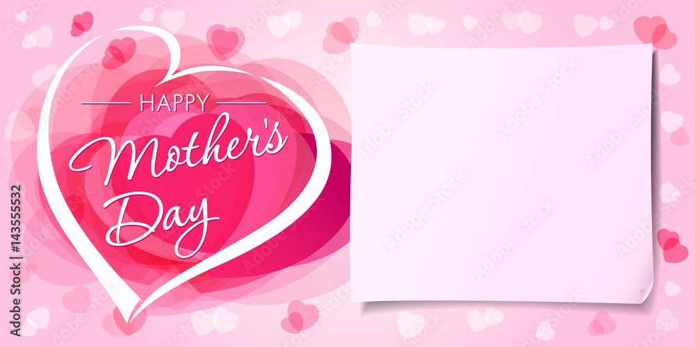 Happy Mothers day love banner. Mother`s Day greeting card template with vector pink hearts and paper on background