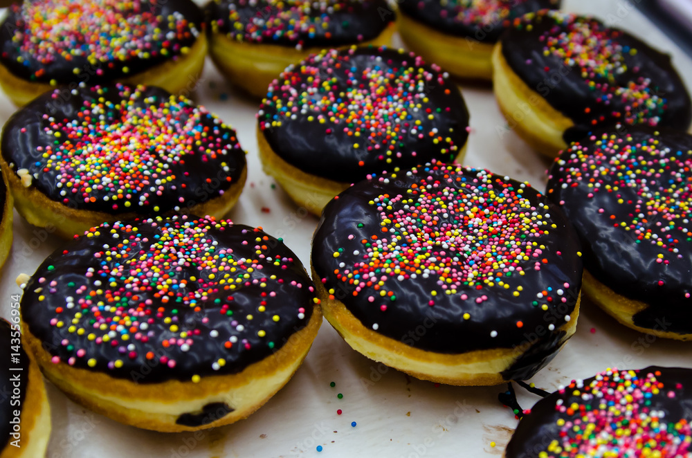 Donuts with chocolate and colorful Topping.