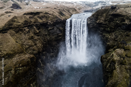 Aerial view waterfall near of famous  Skogar waterfall in Iceland.
