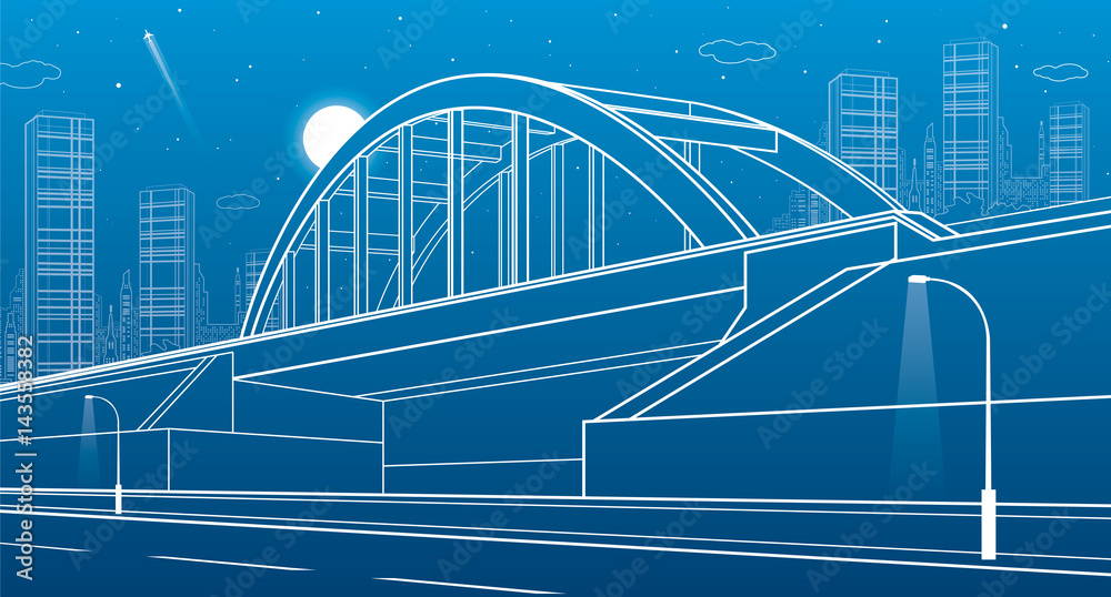 Railway bridge, urban infrastructure, night city on background, industrial architecture, white lines illustration, vector design art 