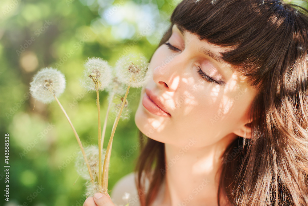 spring playful look Flirty, romantic woman with dandelions brown hair, brown hair, gentle spring colors, soft contrast. warm cozy photo spring playful look Flirty, romantic woman with dandelions brown hair, brown hair, gentle spring colors, soft contrast. warm cozy photo