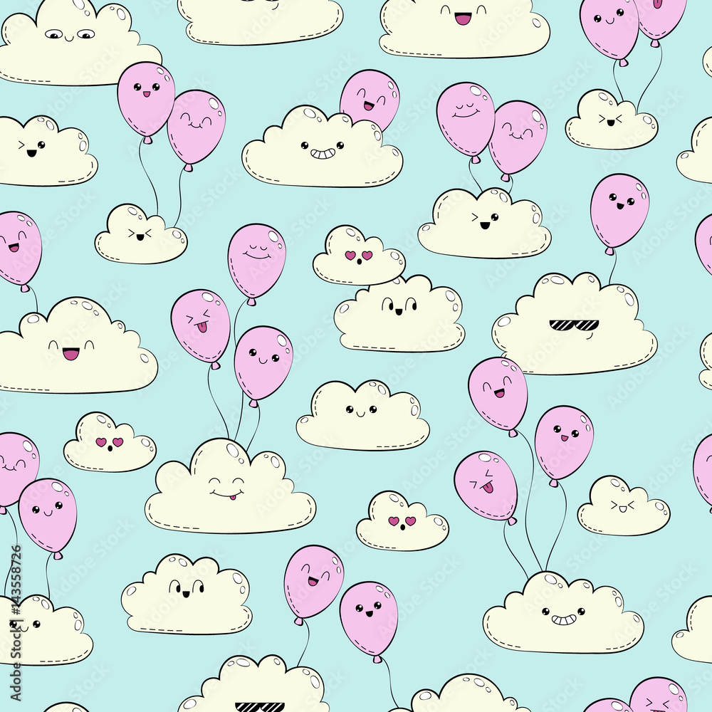 Vector seamless pattern with clouds and pink air balloon. Happy spring clouds fly