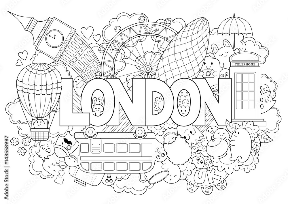 Abstract background with hand drawn text London. Hand lettering. Template for advertising, postcards, banner, web design, printing on clothes. Set of cartoon characters. Line art detailed