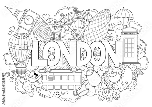 Abstract background with hand drawn text London. Hand lettering. Template for advertising, postcards, banner, web design, printing on clothes. Set of cartoon characters. Line art detailed
