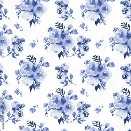 Abstract roses flower watercolor seamless pattern in dark blue and white
