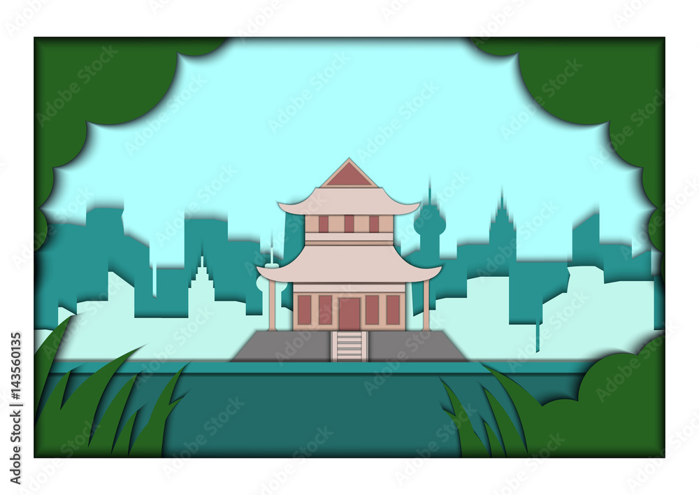 Paper applique style vector illustration. Card with application of ponorama with Japanese pagoda. Postcard