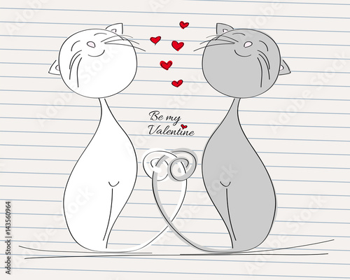 Two cats in love - grey and white cat with their tails twisted - original hand drawn Valentine card